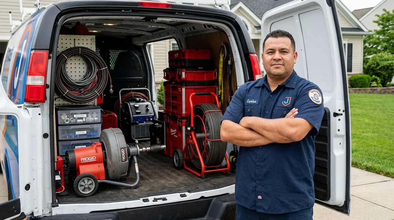 Professional drain cleaning equipment and Johns Plumbing LLC plumber in Fryeburg