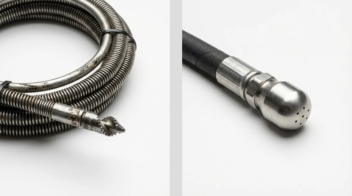 Drain snake cable and hydro jetting nozzle used for drain cleaning in Fryeburg, ME