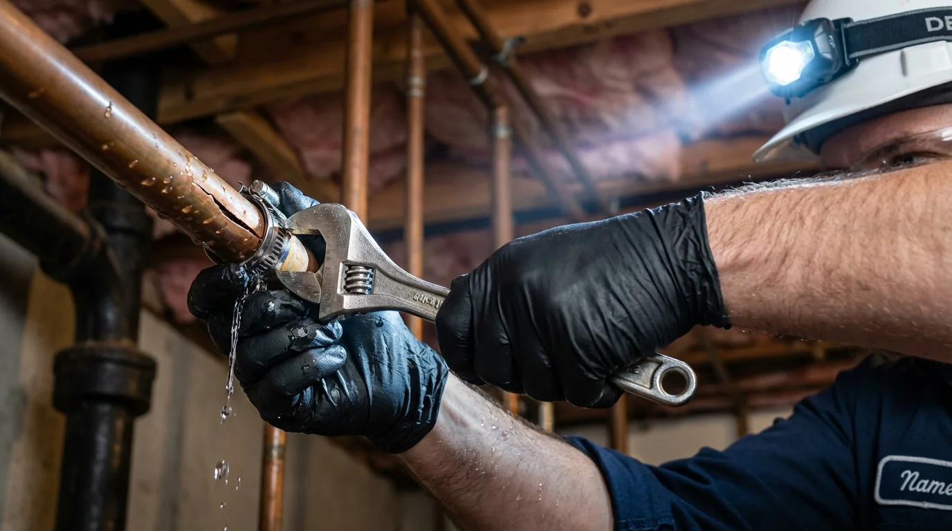 Emergency pipe clamp repair being performed by a Johns Plumbing LLC plumber in Fryeburg