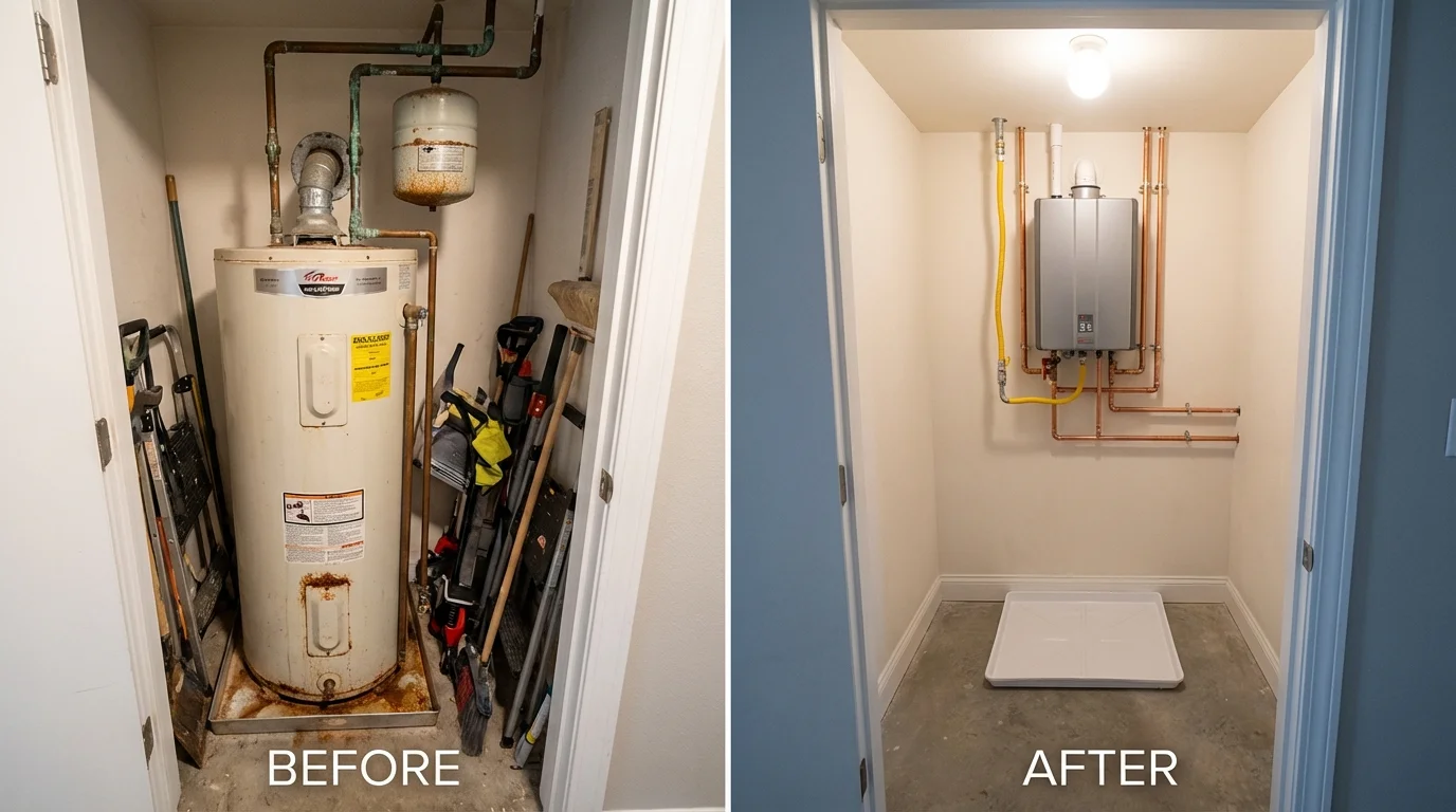 Tank water heater versus wall-mounted tankless unit comparison for Fryeburg, ME homeowners